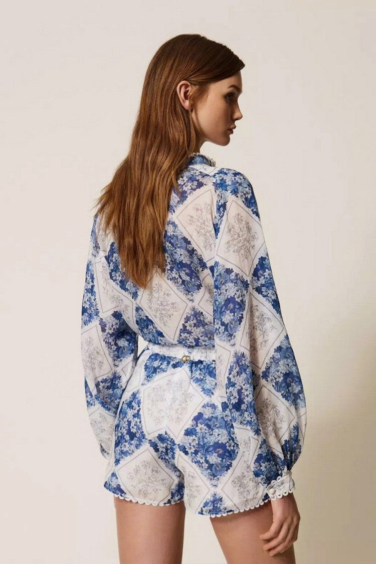 Twin-Set Blue Ramie Diamond-Patchwork Floral-Print Shorts