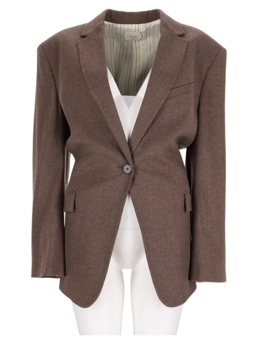 Alysi Brown Tailored Padded-Shoulder Virgin Wool Blazer