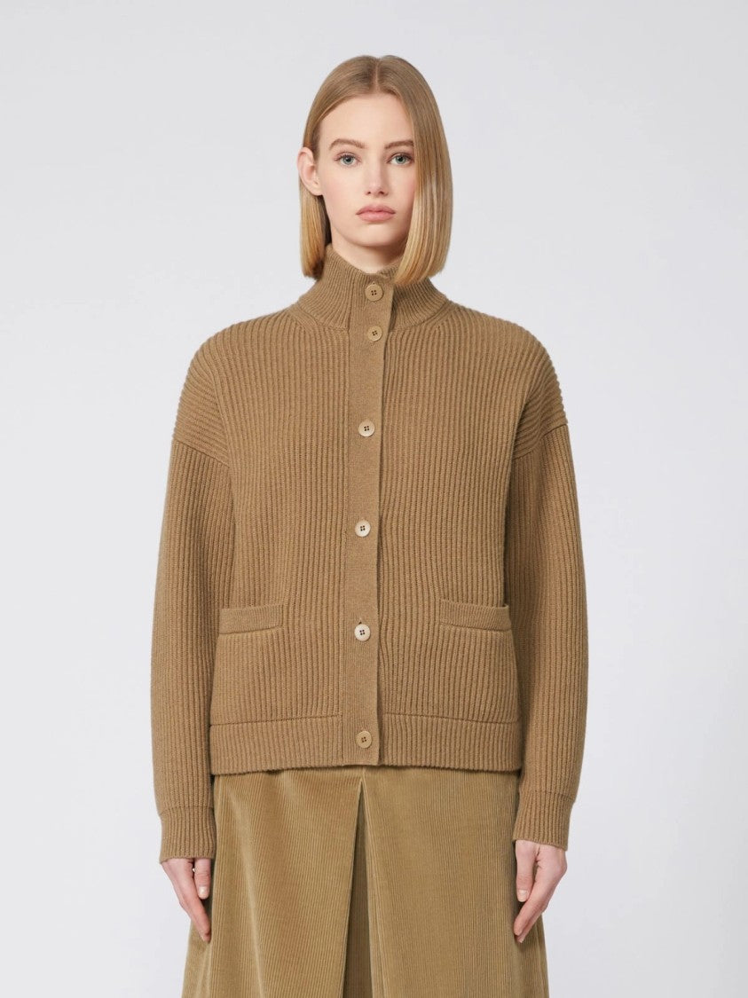 Max Mara Ribbed Knit Cardigan With High Collar