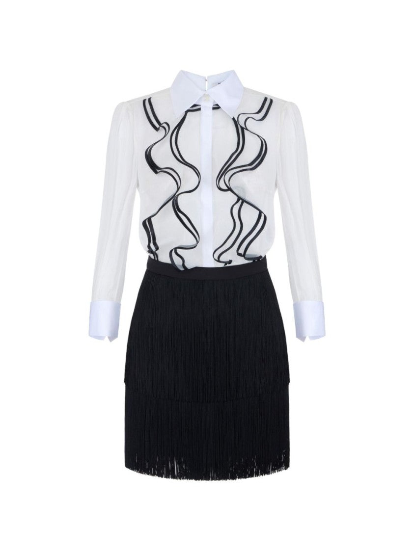 Elisabetta Franchi Mini Dress With Sheer Blouse And Layered Fringe Skirt