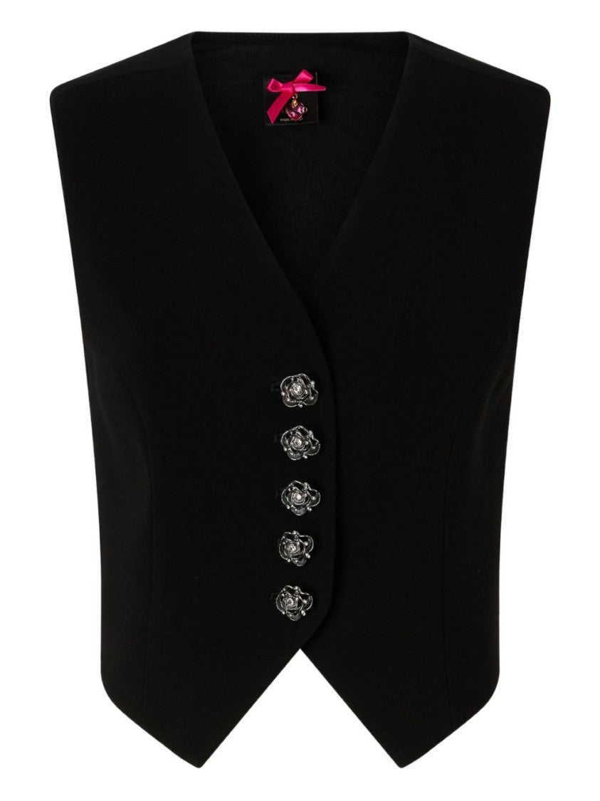 Pinko Sleeveless Black Gilet With Oxidized Silver Rose Buttons