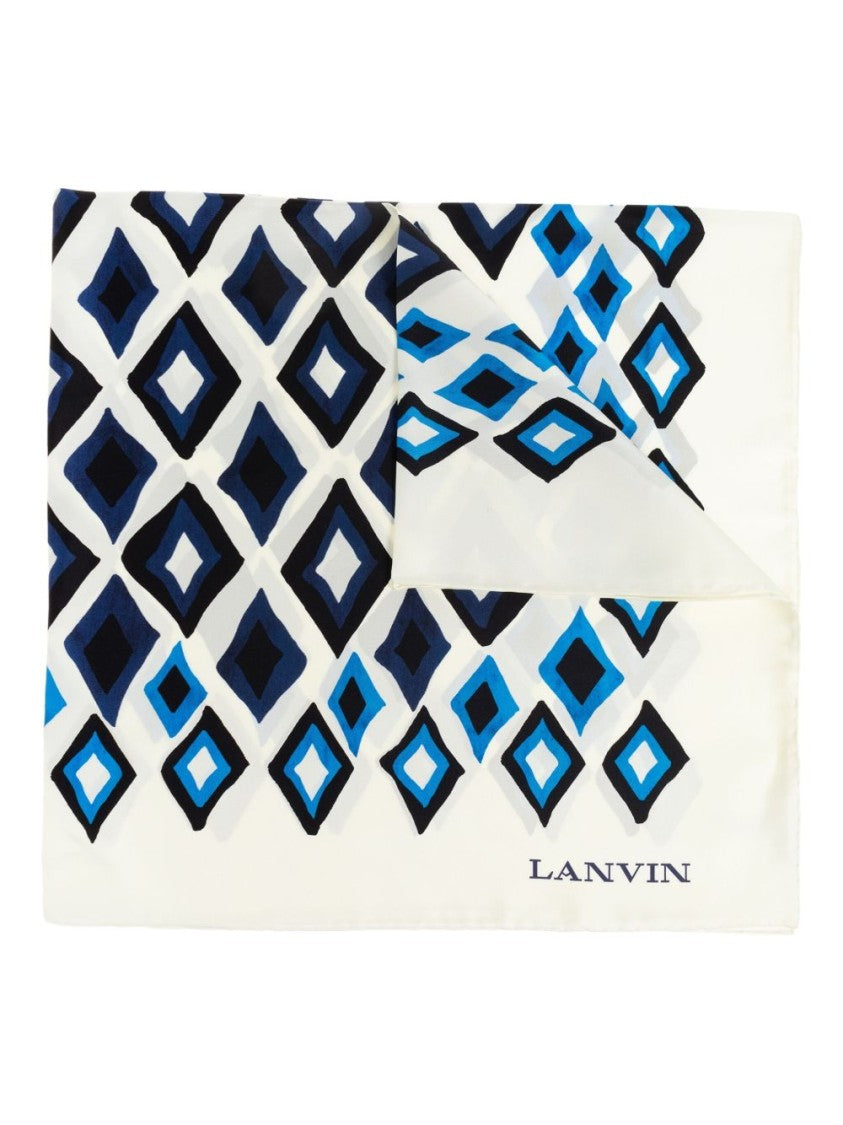Lanvin White Geometric Diamond Pattern Silk Scarf