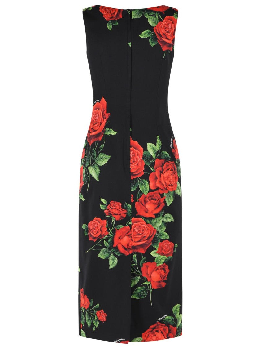 Dolce & Gabbana Black Rose Pattern Sleeveless Stretch Silk Dress