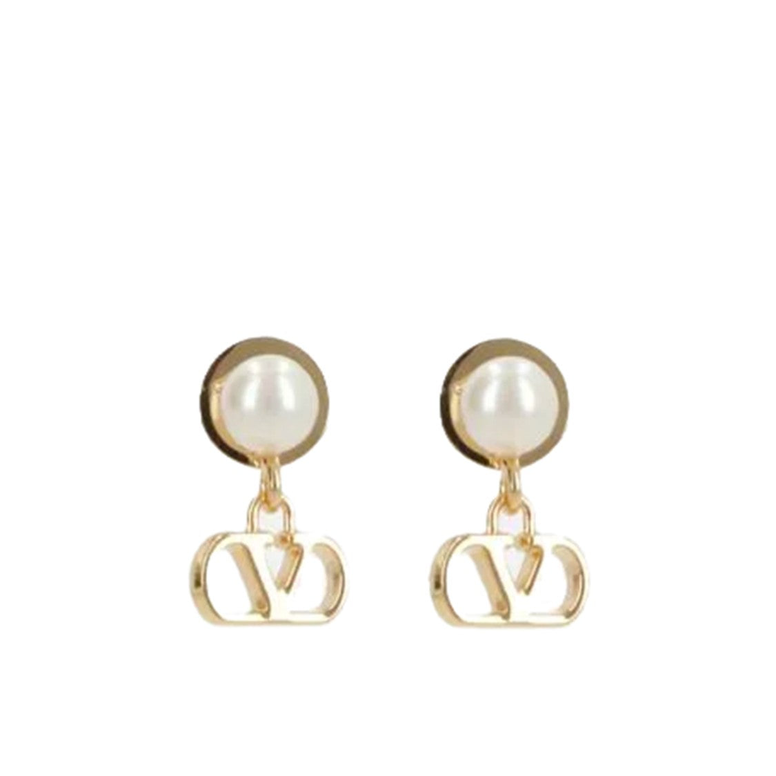 Valentino Garavani Gold Metal Earrings With V Logo Pendants And Pearl Accents