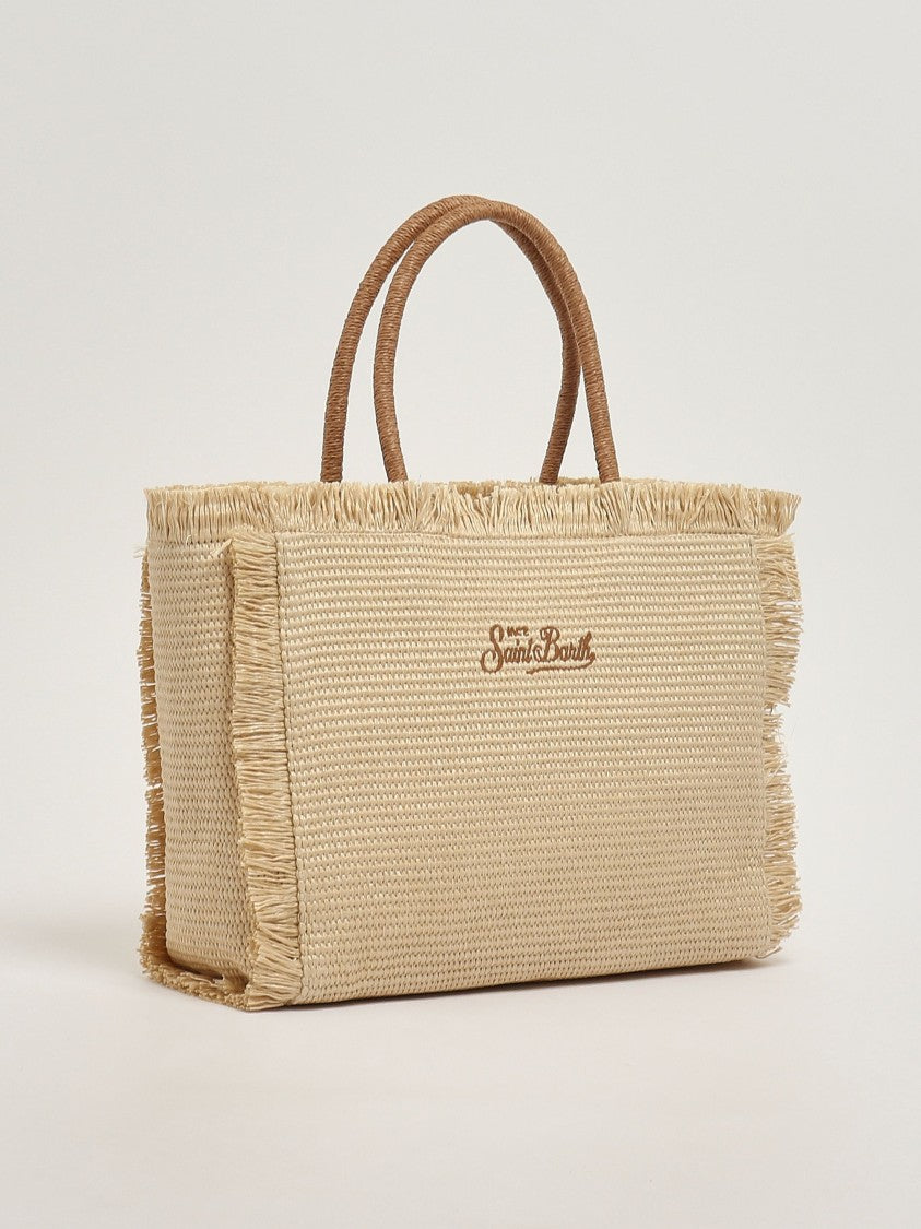 Mc2 Saint Barth Rectangular Woven Tote Bag With Fringed Edges