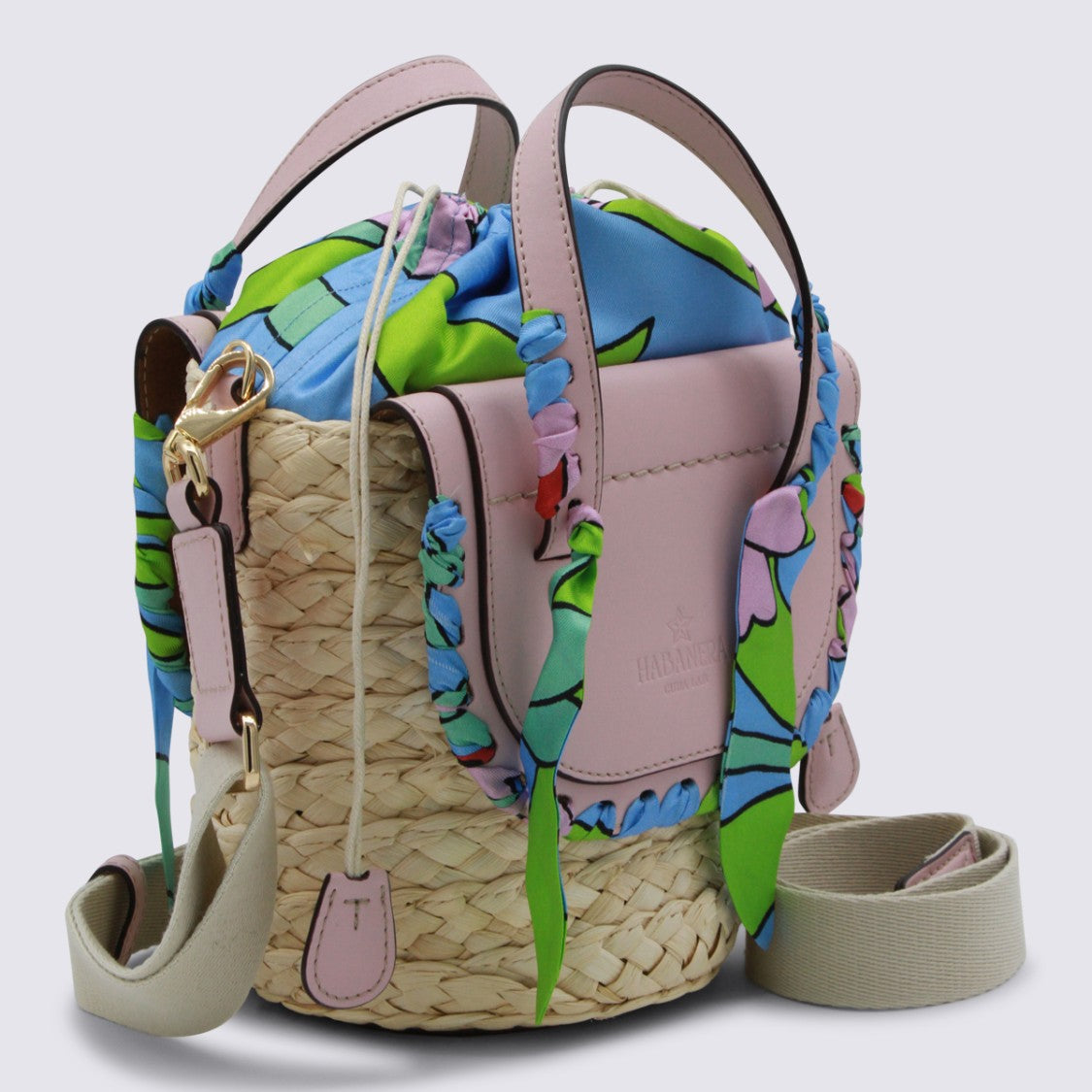 Cuba Lab Woven Straw Bucket Bag With Floral Handles