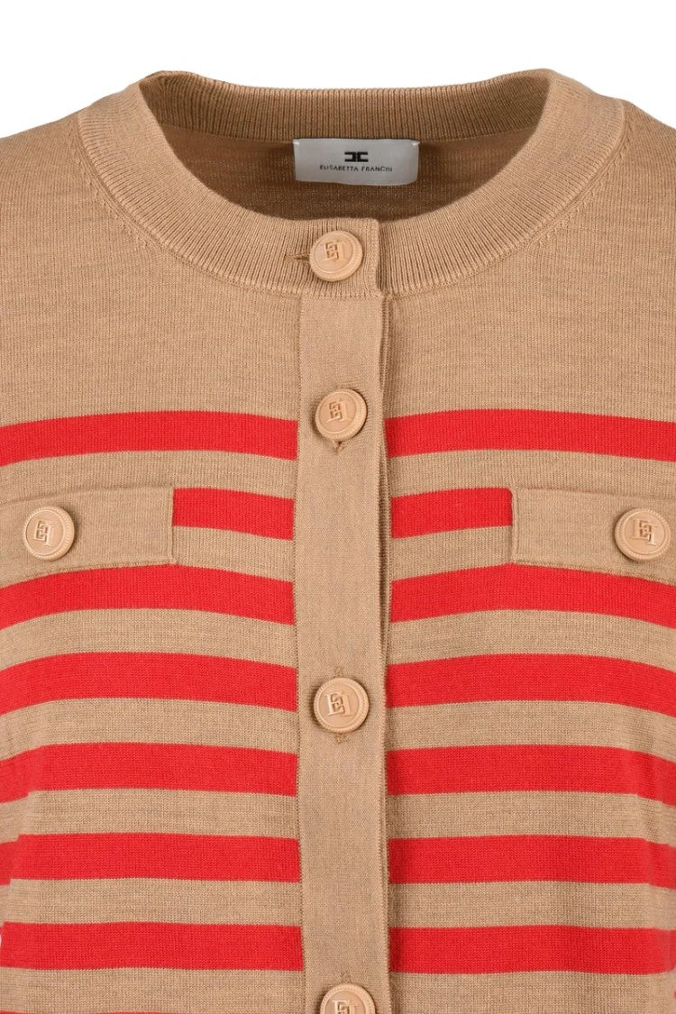 Elisabetta Franchi Short Crew Neck Cardigan - Beige/Red