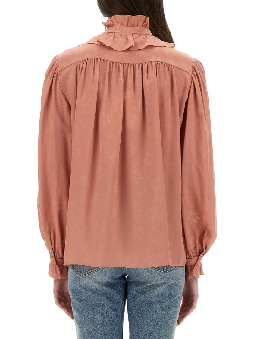 Chloé Fluid Silk Jacquard Blouse With Ruffled Neckline And Puffed Sleeves
