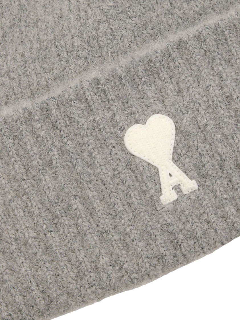 Ami Paris Grey Ami De Coeur Ribbed Wool Beanie
