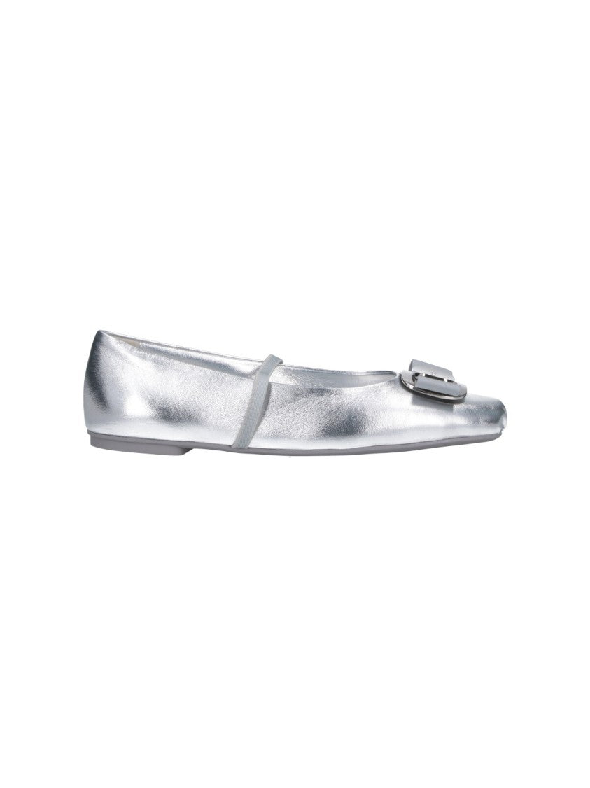 Ferragamo Rounded Toe Metallic Silver Flat Shoes