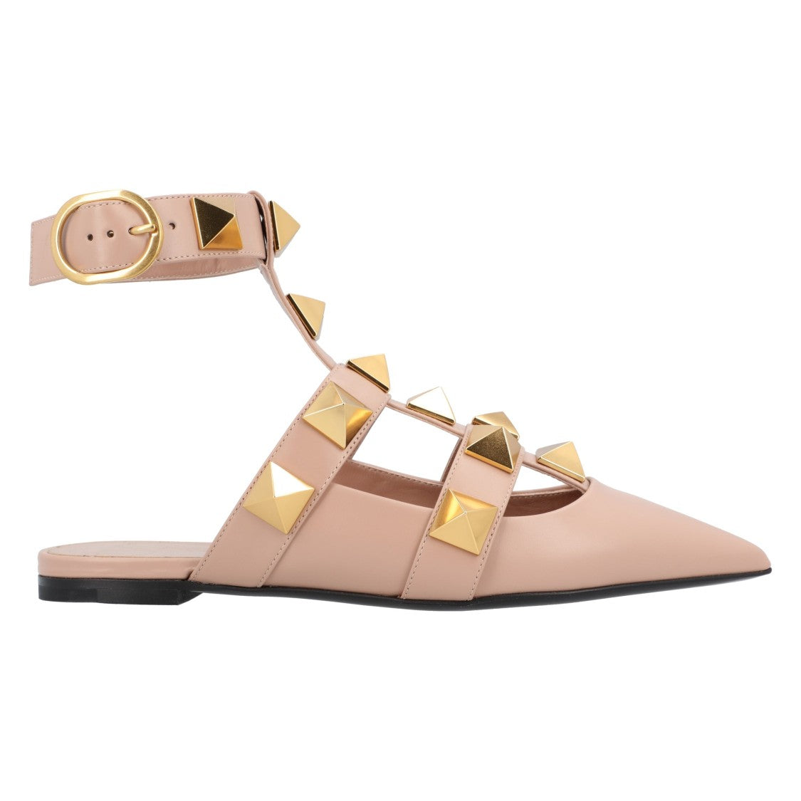 Valentino Pointed Toe Ballerinas With Roman Stud Rivets And Ankle Strap