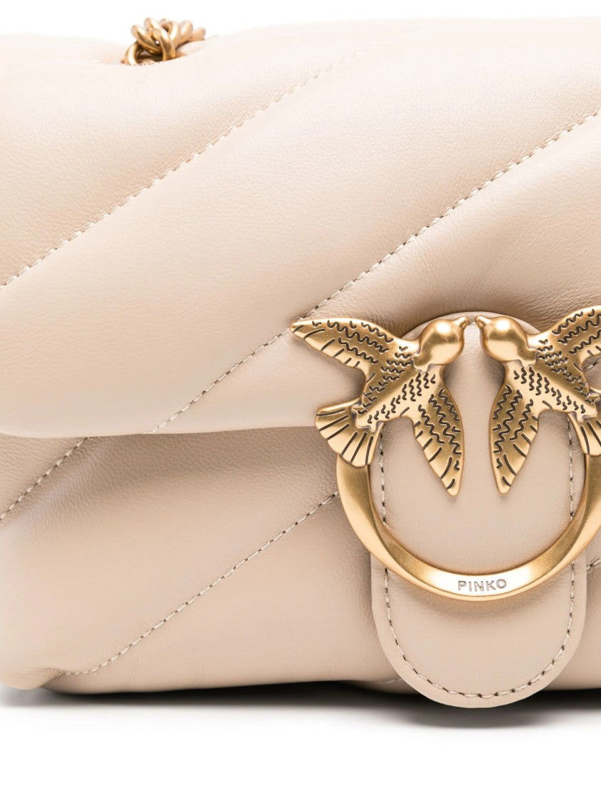 Pinko Quilted Beige Bag With Gold-Tone Embellishment And Chain Strap