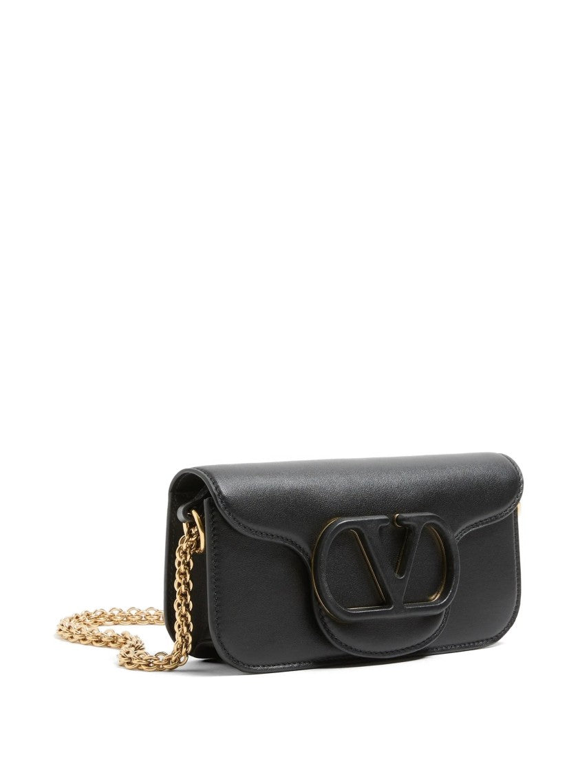 Valentino Structured Black Leather Shoulder Bag With Oval Logo Emblem