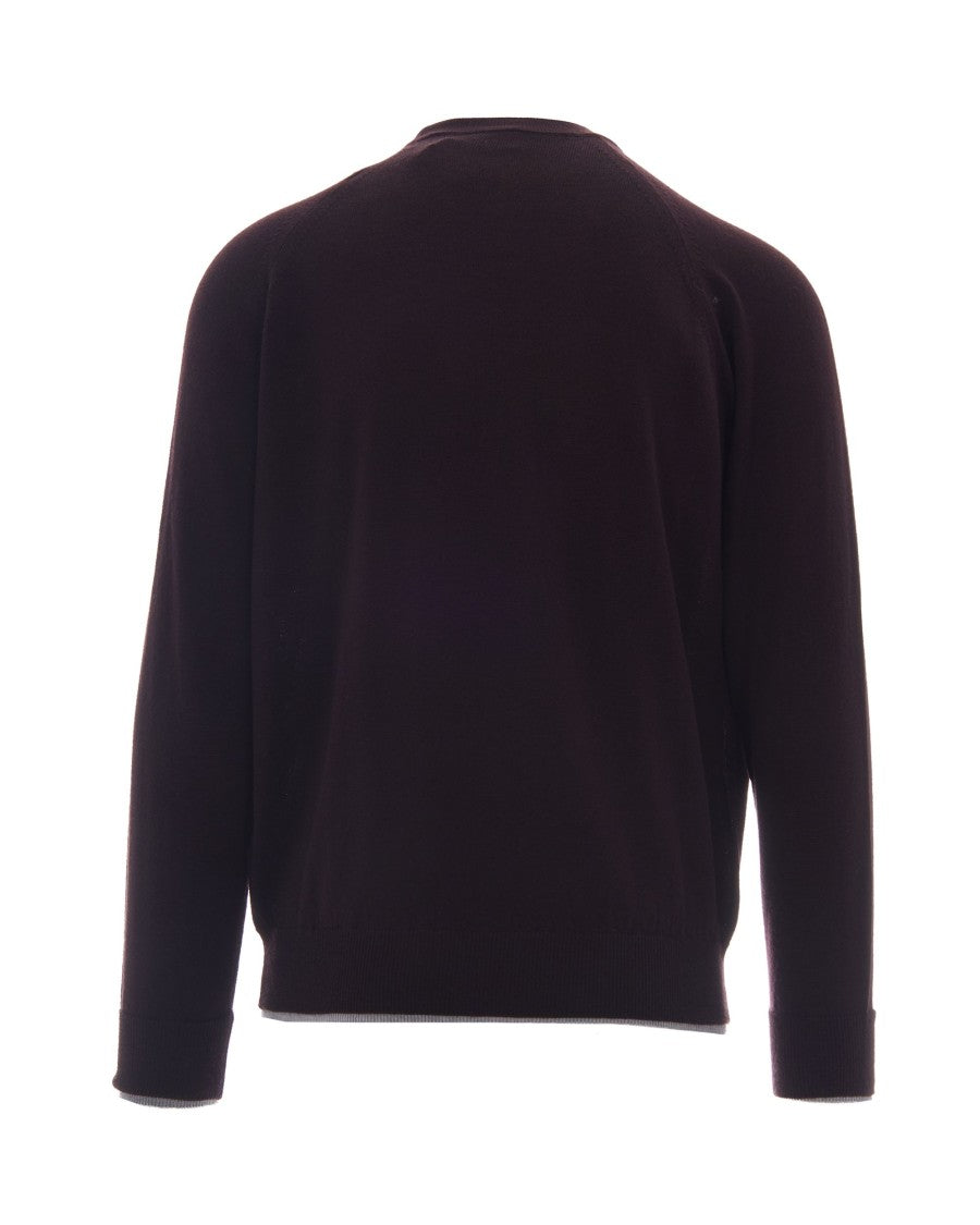 Eleventy Burgundy Wool Sweater With Contrasting Double-Layered Details