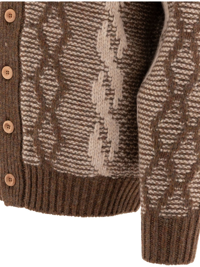 Beams Plus Textured Cable Knit Cardigan With V-Neckline