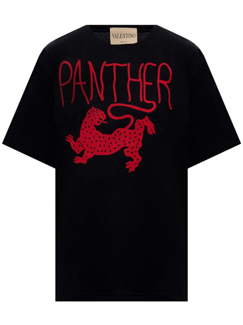 Valentino Black Short-Sleeved Red Panther Graphic T-Shirt