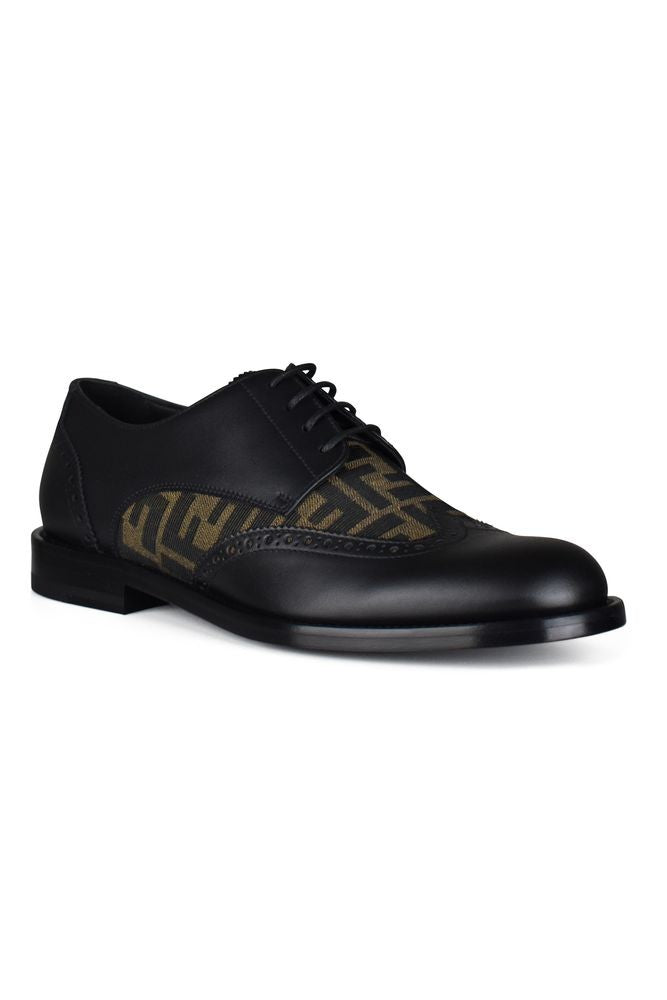 Fendi Brogue Leather Derbies With Ff Fabric Accents