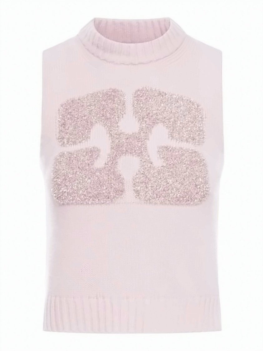 Ganni Textured Sleeveless Knit Vest With Metallic Finish
