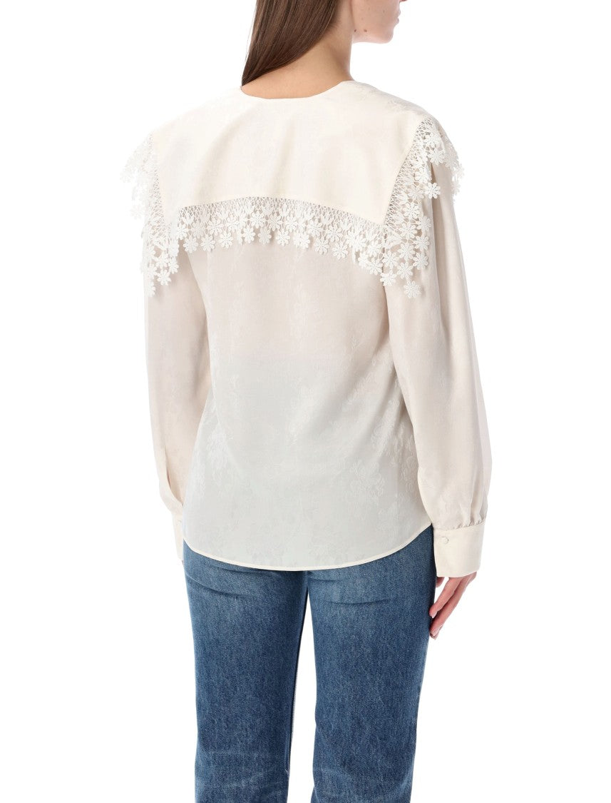 Chloé Floral Lace-Trim Jacquard Silk Blouse