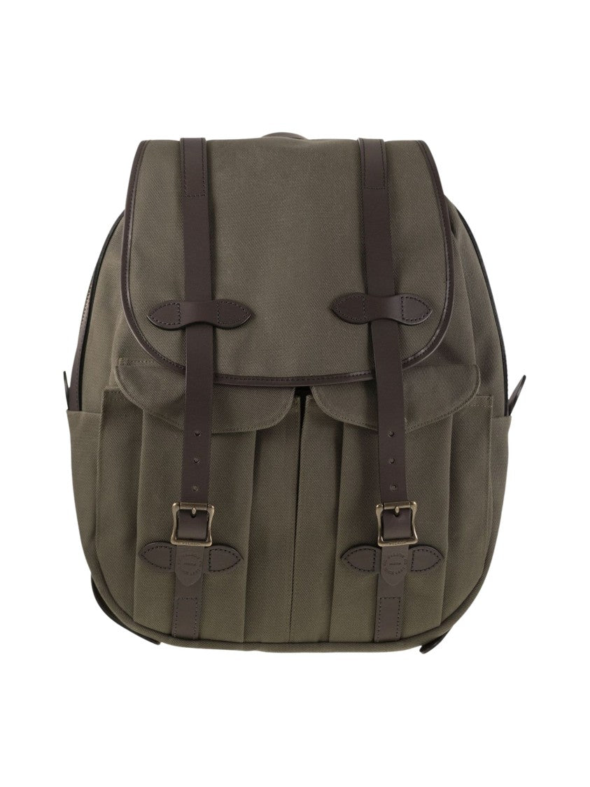Filson Twill Fabric Backpack With Leather Accents And Functional Design