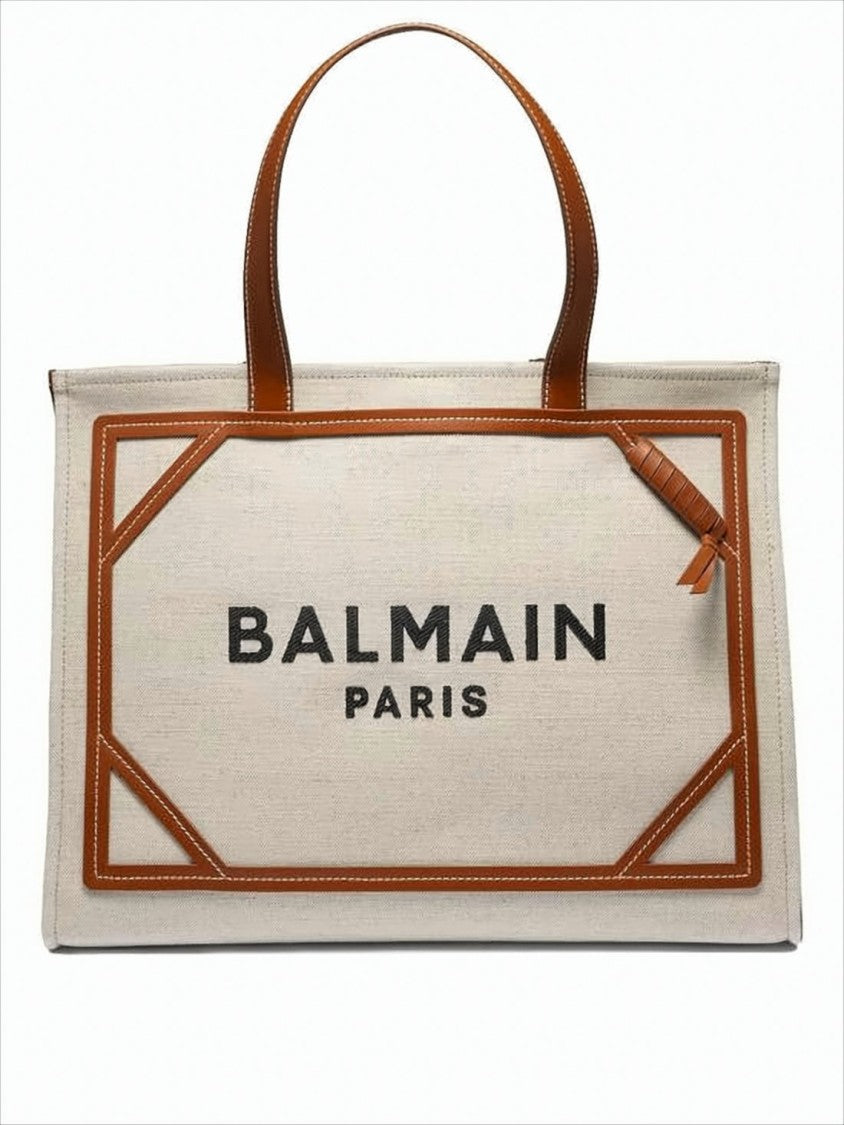 Balmain Structured Canvas Tote With Leather Trim