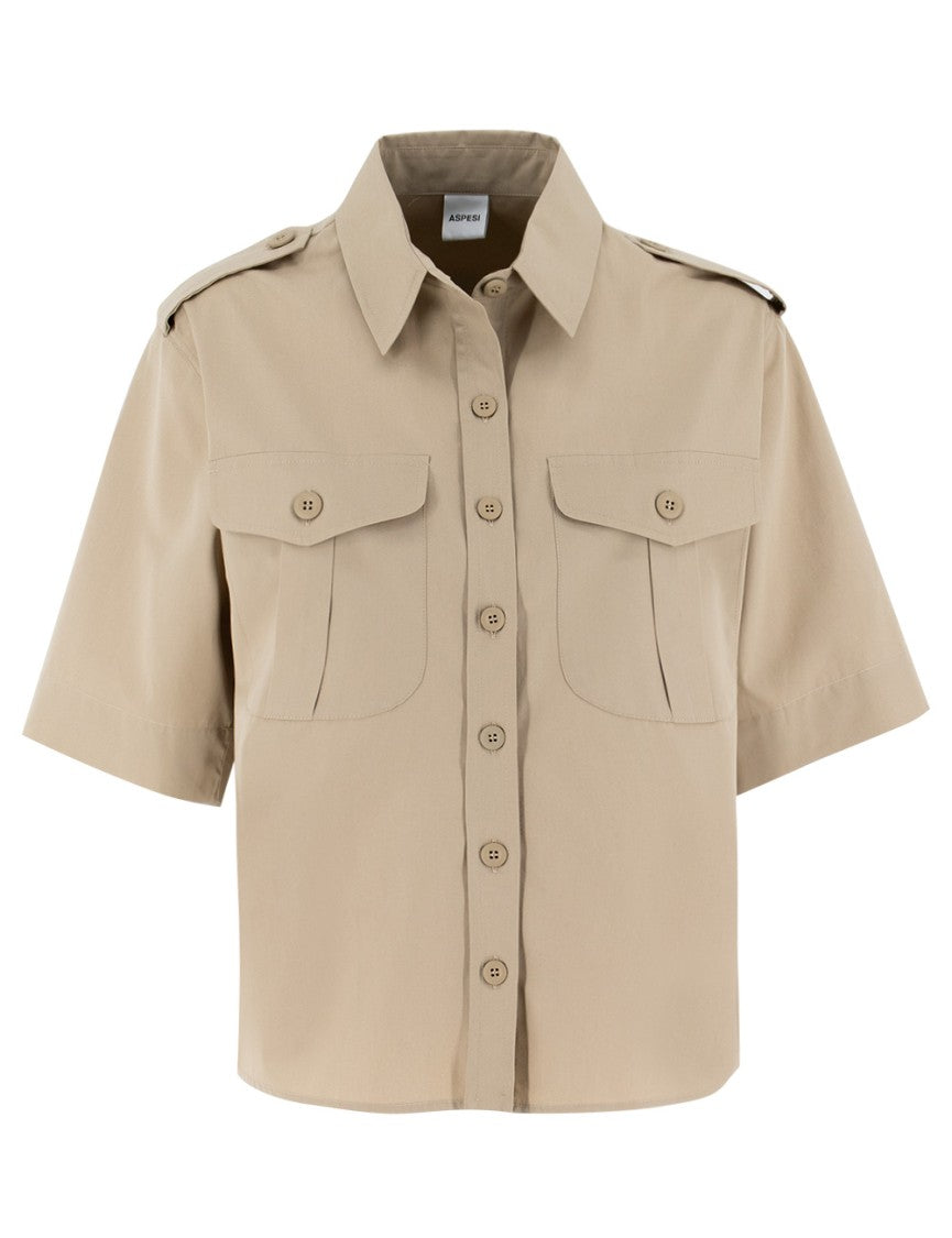 Aspesi Military-Inspired Beige Cotton Blouse With Flap Pockets