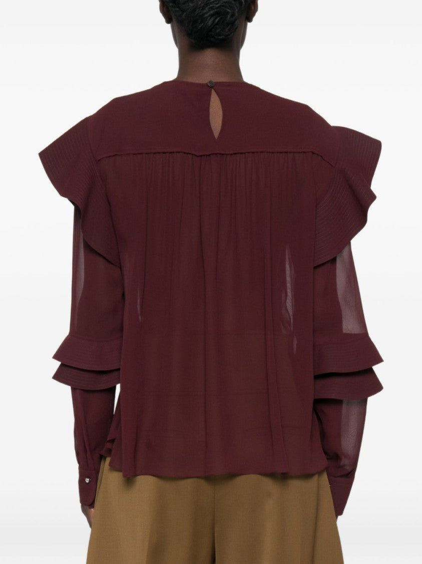 Lanvin Burgundy Sheer Ruffled Silk-Nylon Blouse