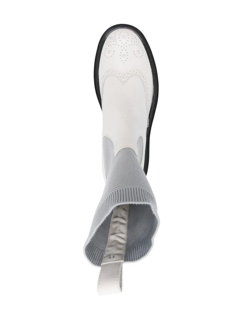 Eleventy Brogue Detail Grey Leather Ankle Boots With Chunky Sole