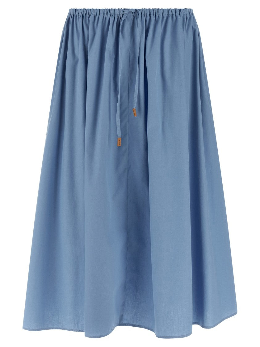 Marni Cotton Poplin Midi Skirt With Adjustable Drawstring And Leather Accents
