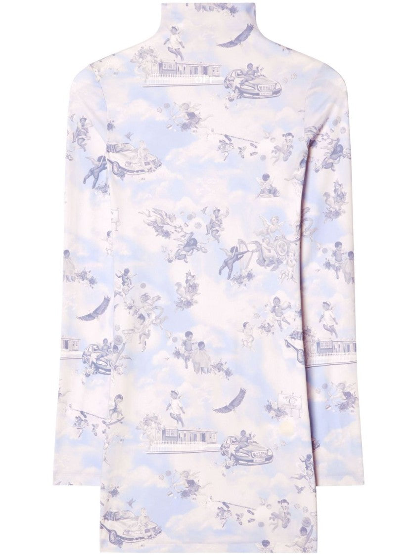 Off-White Short High-Neck Dress With Whimsical Print