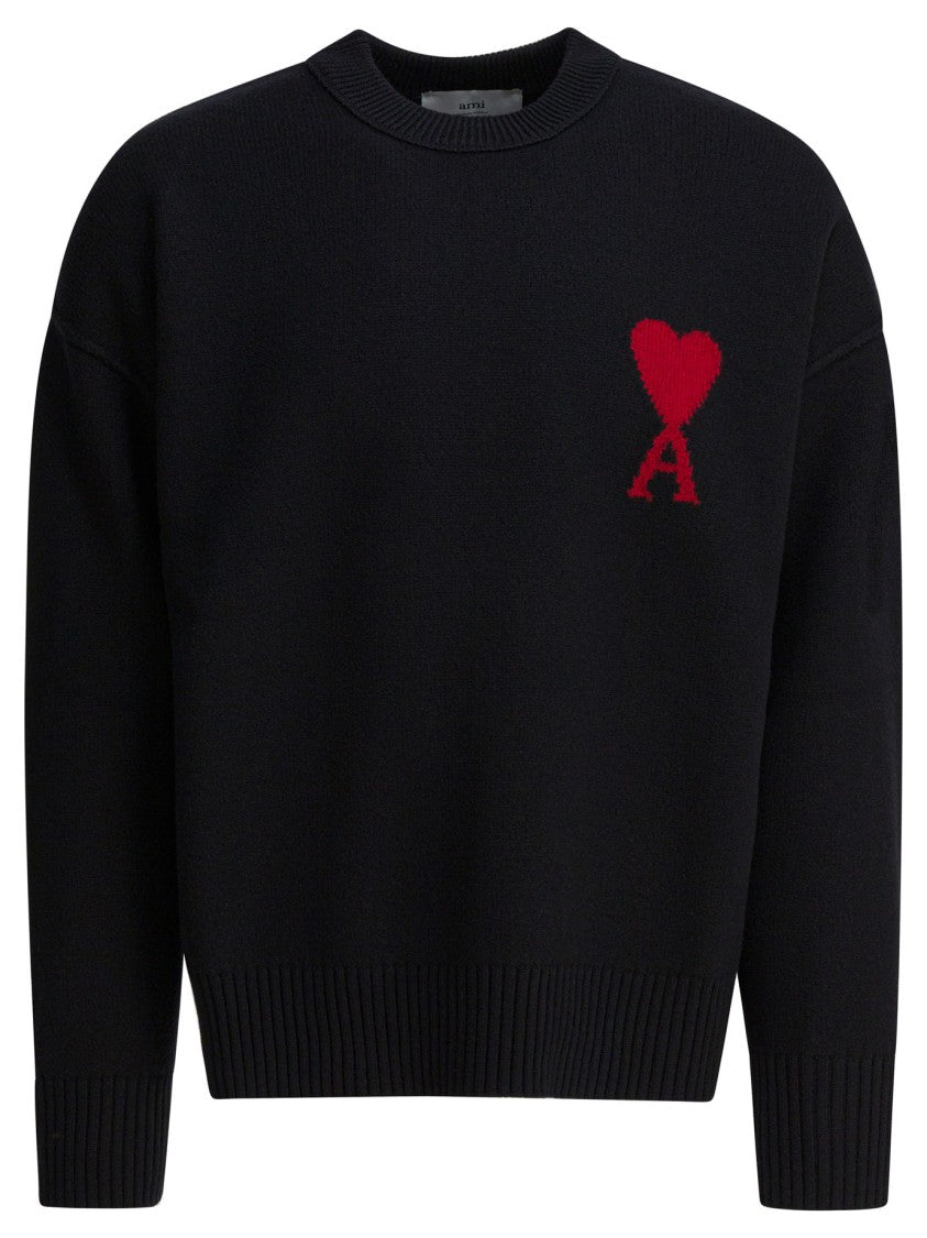 Ami Paris Felted Merino Wool Crewneck Sweater With Ami De Coeur Motif