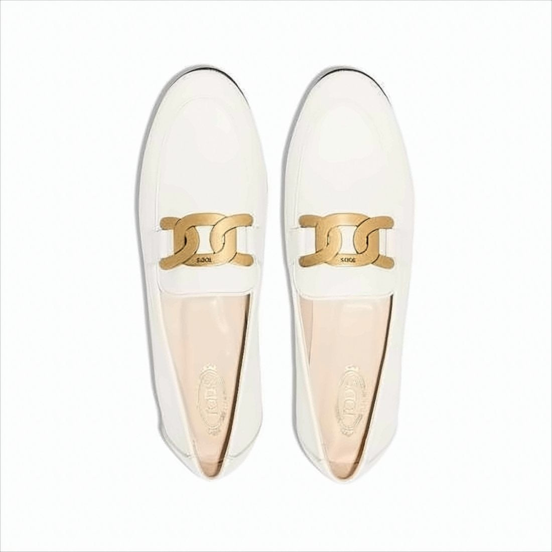 Tod's Sleek White Leather Loafers With Gold-Tone Chain Detail