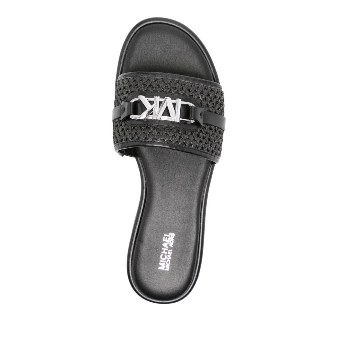 Michael Kors Black Ember Woven Strap Metallic Emblem Slide Slippers