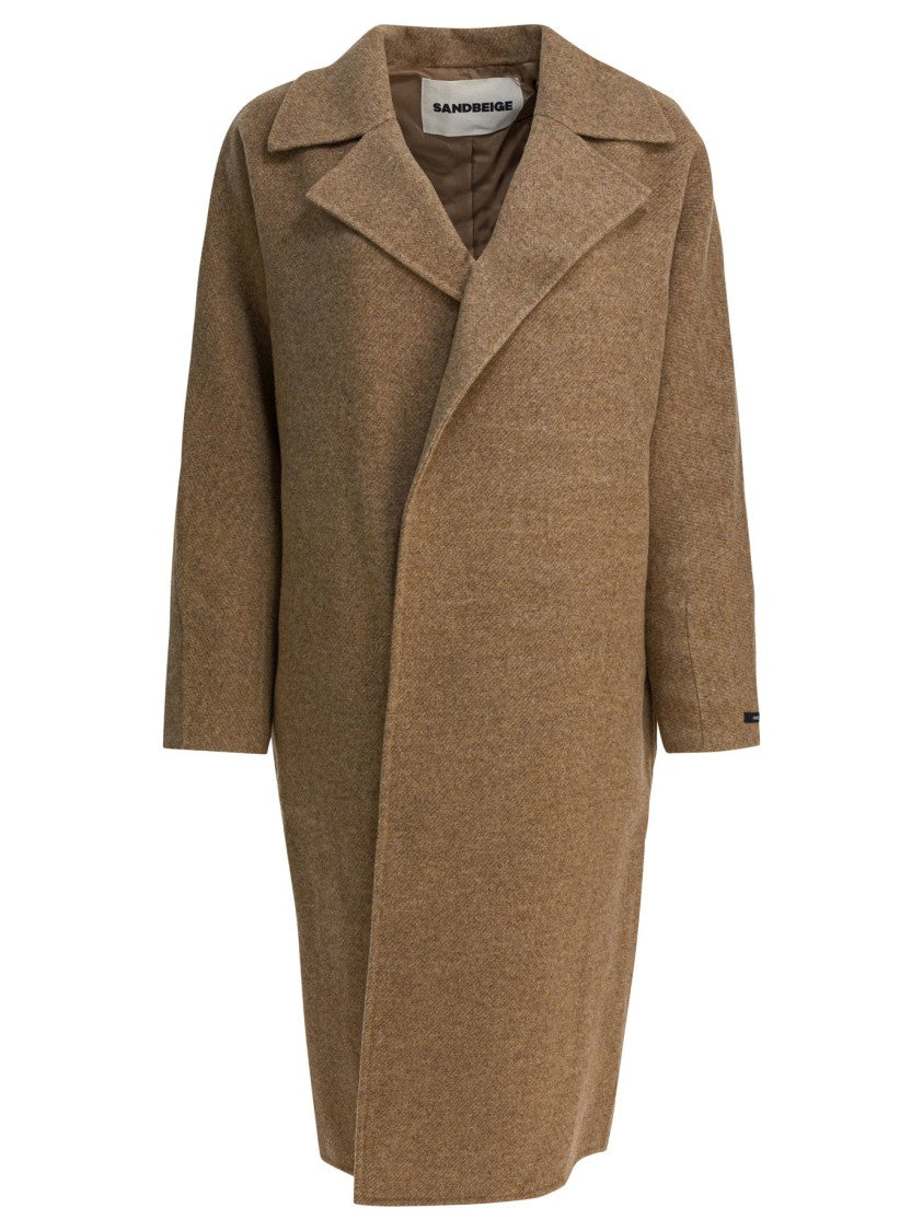Sandbeige Mid-Length Wool Coat With Wide Lapel