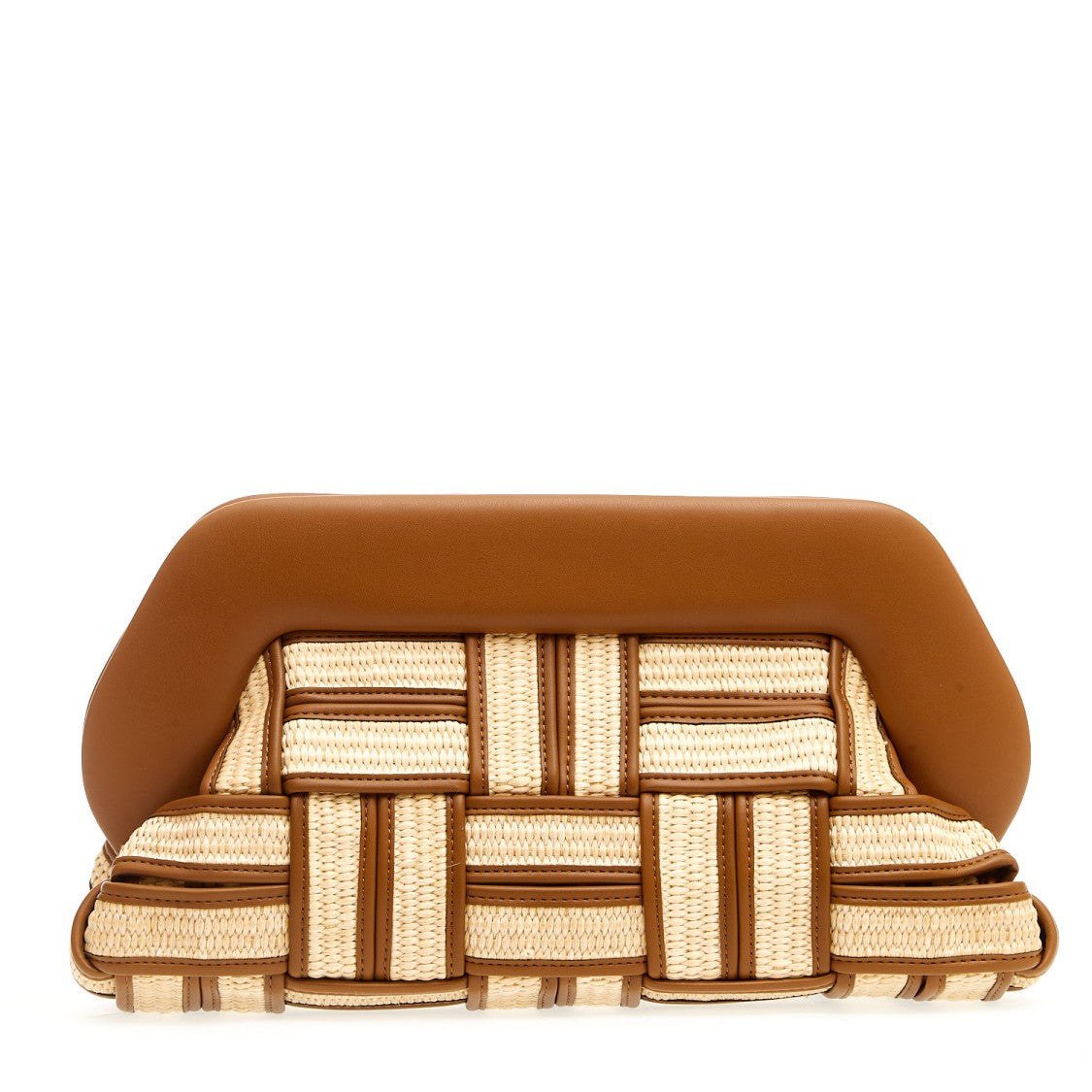 Themoirè Large Raffia Clutch In Leather And Caramel