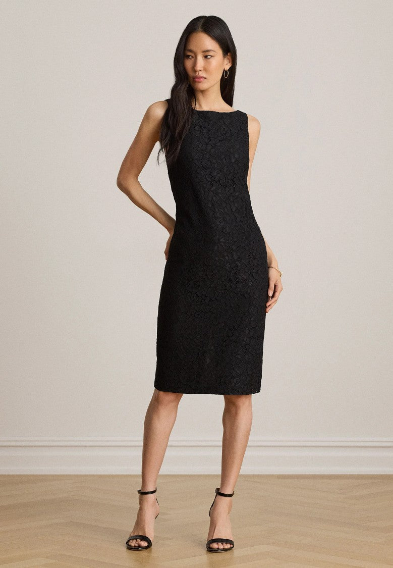 Lauren Ralph Lauren Fitted Black Floral Lace V-Back Midi Dress