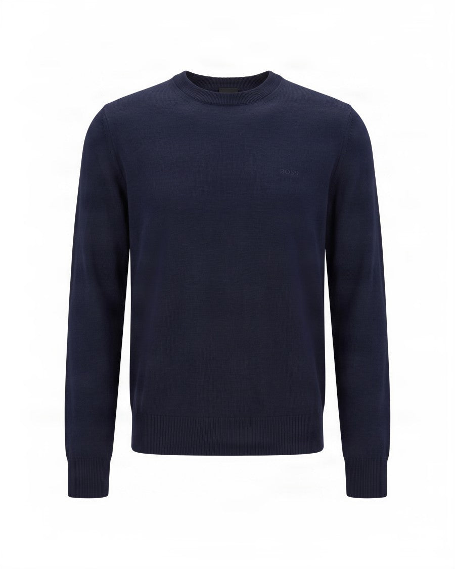Boss Dark Blue Logo Embroidered Virgin Wool Sweater