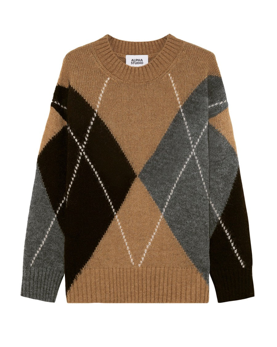 Alpha Studio Long-Sleeved Knit Sweater With Argyle Intarsia Pattern