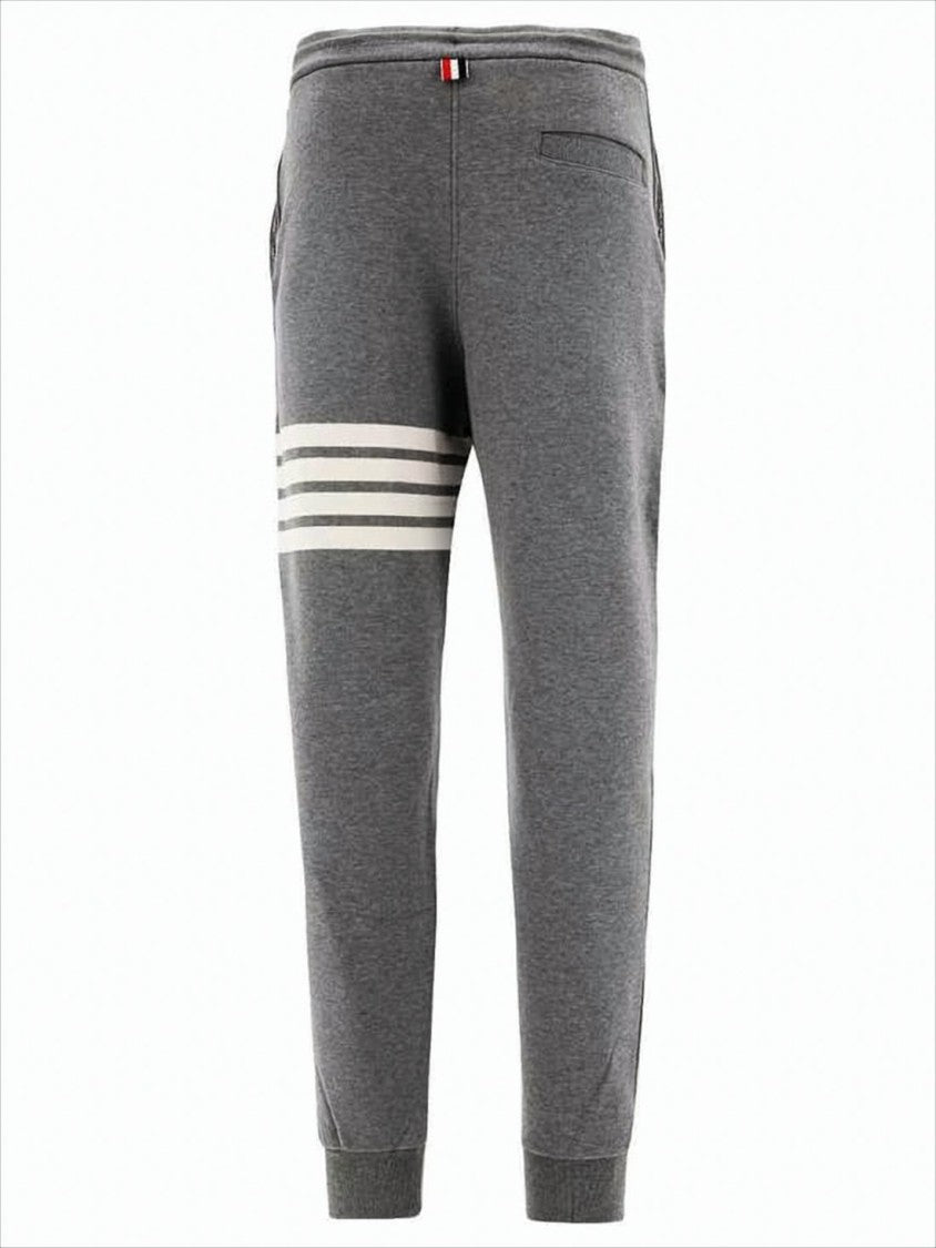 Thom Browne Tapered Grey Cotton Jogger Pants With Ribbed Cuffs And Signature Accents