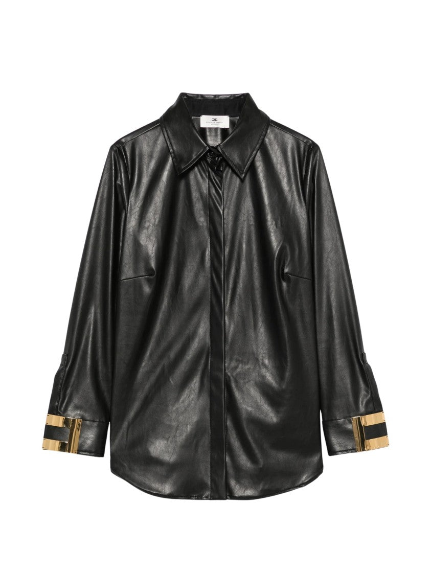Elisabetta Franchi Black Leather Shirt With Geometric Gold Accents