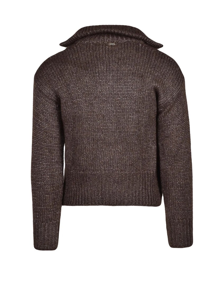 Herno Short Brown Cardigan With Chunky Knit And Button-Down Front