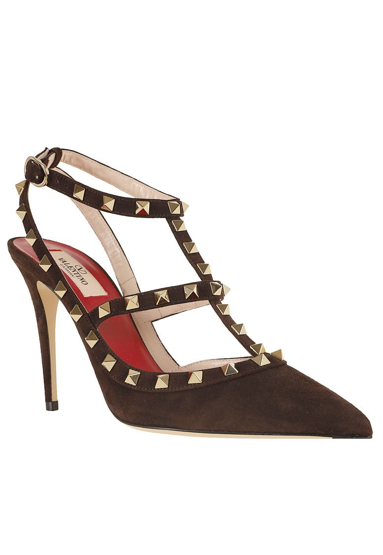 Valentino Garavani Brown Rockstud Caged Suede Pumps