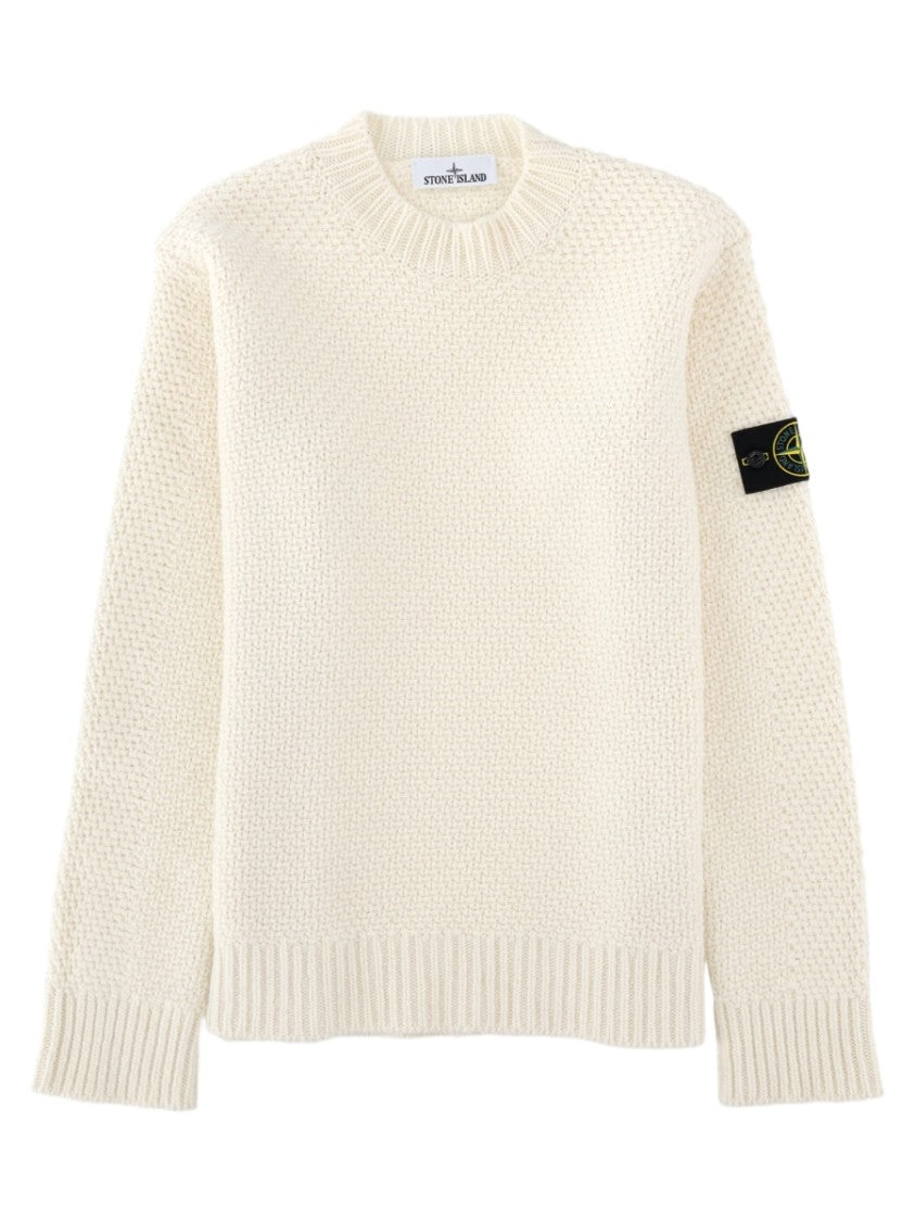Stone Island Ivory Distinctive Sleeve Patch Virgin Wool Sweater