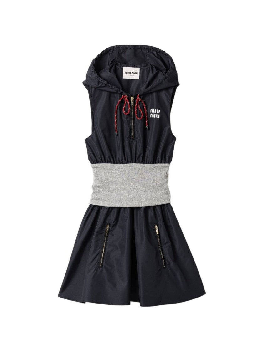 Miu Miu Black Technical Fabric Hooded Flared Dress