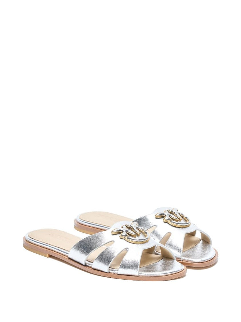 Pinko Silver Logo Detail Leather Sandals