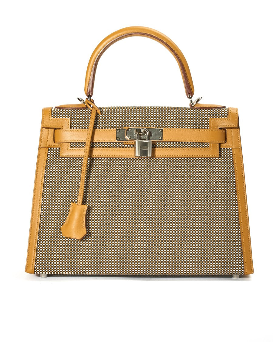 Hermès Kelly Bag 28 In Quadrille Toile Sesame Swift