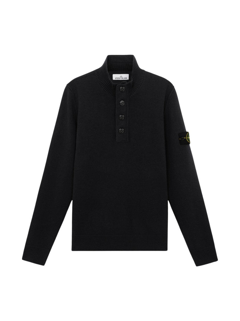 Stone Island Black Knitted Sweater With Mock Neck And Signature Sleeve Badge