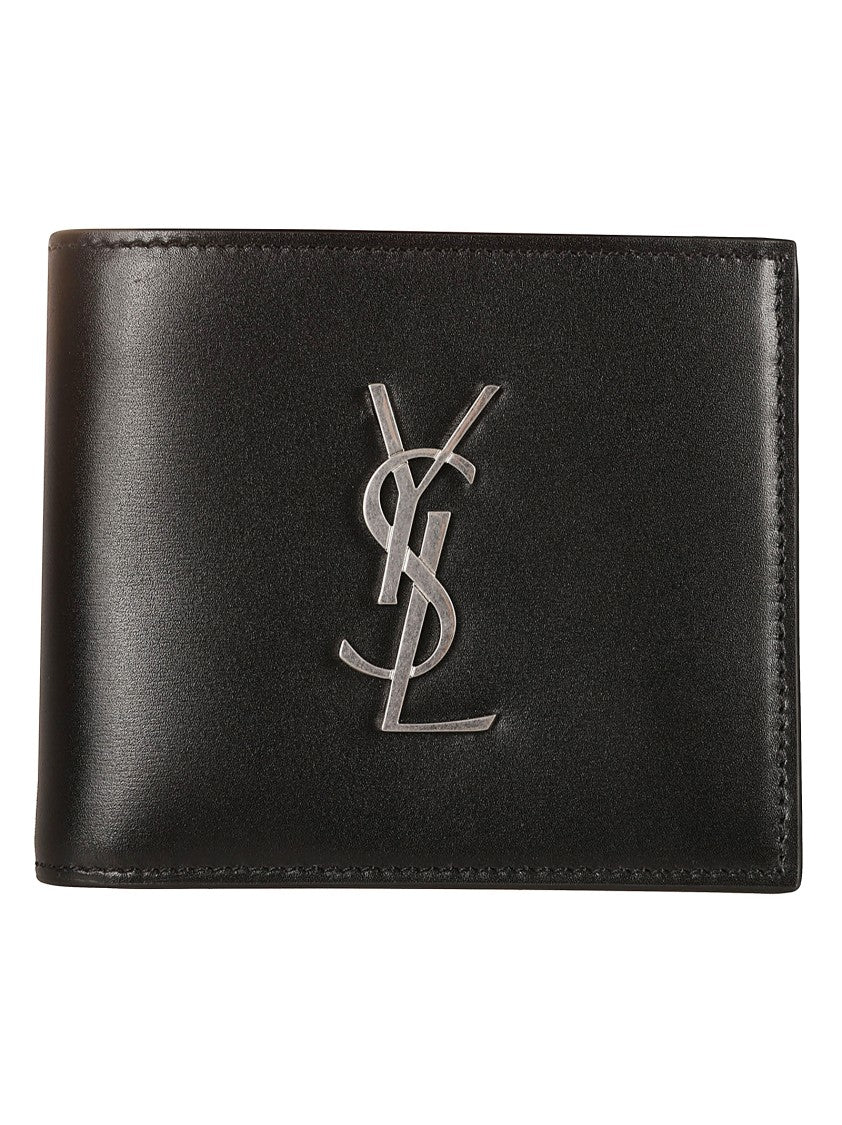 Saint Laurent Minimalist Black Calfskin Wallet With Prominent Logo