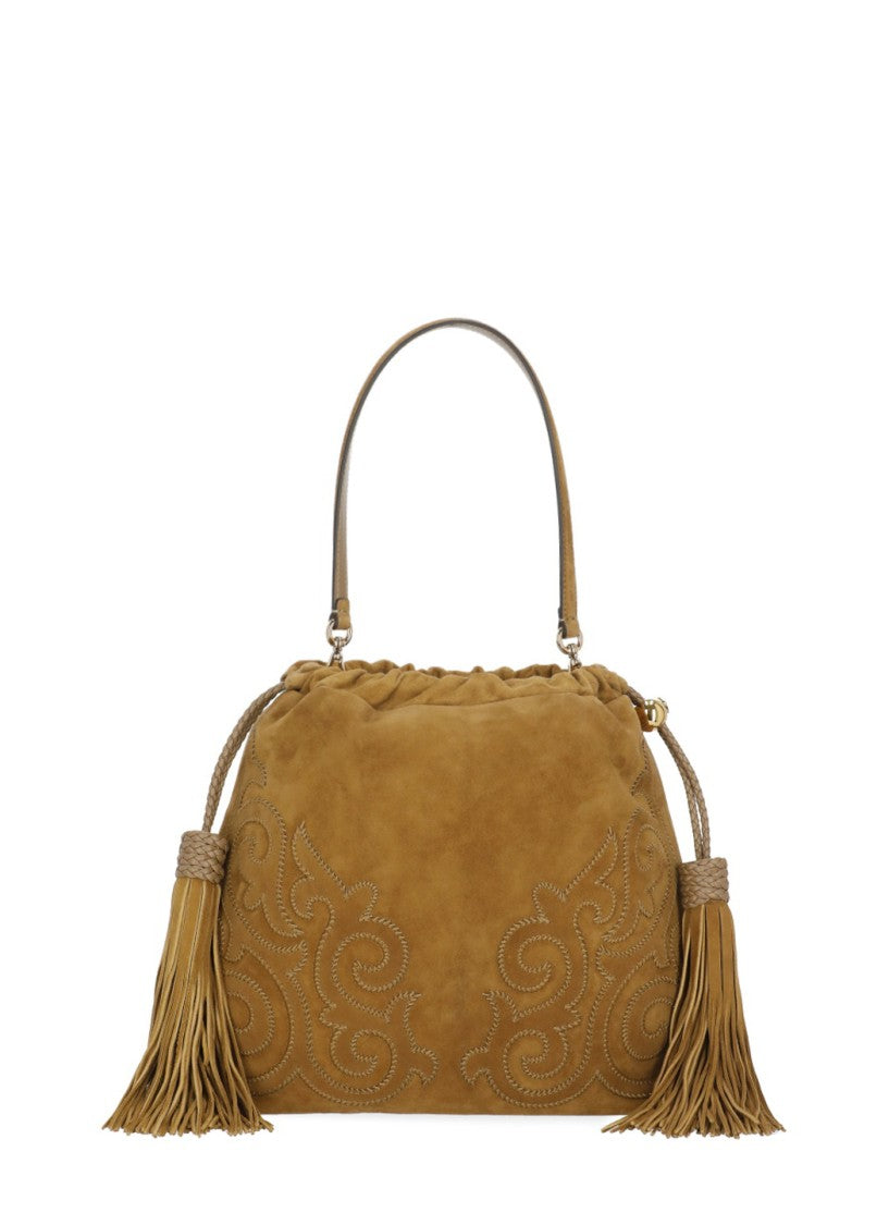 Etro Beige Kalispero Embroidered Fringe Suede Bag
