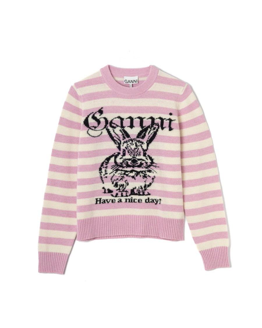 Ganni Striped Graphic Wool Bunny Jumper With Ribbed Edges